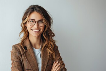 A woman with brown hair and glasses is smiling and posing for a picture - Powered by Adobe