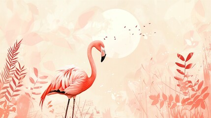 pink scuffed retro background with pink flamingo on the side and a place for text	

