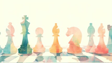 background with chess pieces in watercolor style on a beige background.