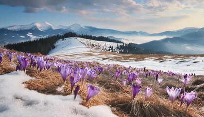 view of field first blooming spring flowers crocus as soon as snow descends on the background of...