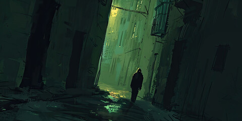 Disoriented Wanderer: In the gloomy shadows of an unfamiliar backstreet, a weary figure drags their feet as they make their way home