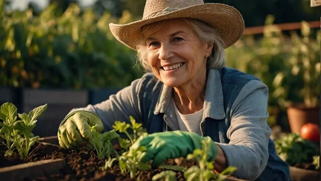 Smiling elderly woman wearing gardening gloves in vegetable garden