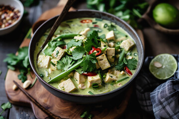 A fragrant vegan Thai green curry with tofu, bamboo shoots, and fresh cilantro
