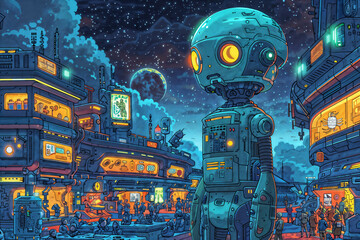 Illustration of giant robot standing in futuristic space colony under a starry night sky with glowing lights