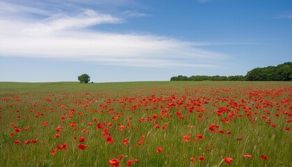 meadow with red poppies blue sky in the background