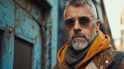 Obraz premium Stylish Mature Man with Beard and Sunglasses in Urban Setting