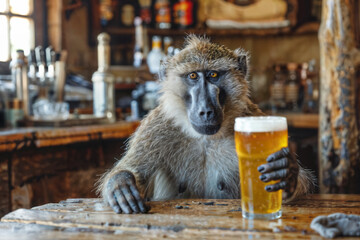 Baboon Holding a Beer at a Rustic Bar