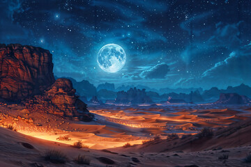 Desert Landscape Under Full Moon and Starry Night Sky Illustration