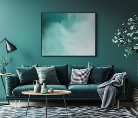 Dark teal sofa with black and white pillows