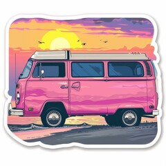 sticker design of a vintage retro pink and white van, traveling, white background  at the sunset