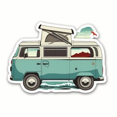 sticker design of a vintage retro blue and white van, traveling, white background  at the sunset