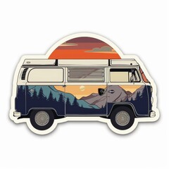 sticker design of a vintage retro blue and white van, traveling, white background  at the sunset