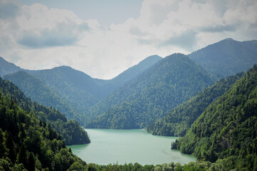 Lake Ritsa in Abkhazia, the country of the soul. Ecologically clean place in the mountains.