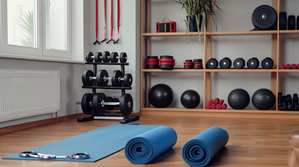 A home gym corner with a yoga mat, resistance bands, and dumbbells arranged neatly
