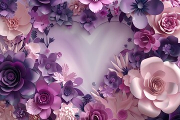 3D rendering Valentine background with pink and purple heart frame made of paper flowers