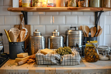 A kitchen countertop featuring reusable beeswax wraps, stainless steel containers, and wooden utensils