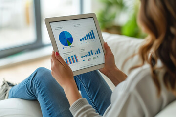 A woman sitting and analyzing business charts and graphs on a tablet at home.