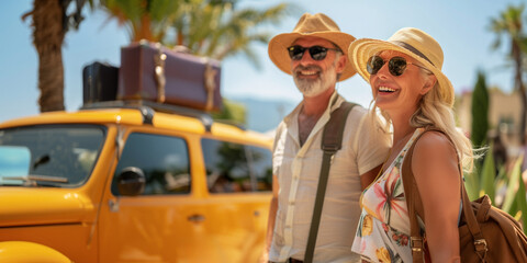 A retired couple in their 60s, with summer hats , standing next to a yellow taxi with luggage on top. The background shows palm trees and a clear blue sky. Vacation destination for older people