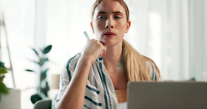 Woman, laptop and stress in home office for mistake as freelance copywriter, frustrated or remote work. Female person, unhappy and small business problem or annoyed or startup, report or disappointed