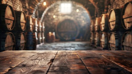 Empty wooden table top for product display, presentation stage. Wine cellar with barrels in the background.