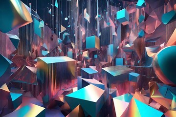 Abstract geometric shapes floating in a 3D space with a holographic color scheme.