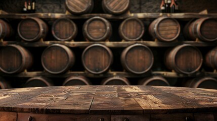 Empty wooden table top for product display, presentation stage. Wine cellar with barrels in the background.