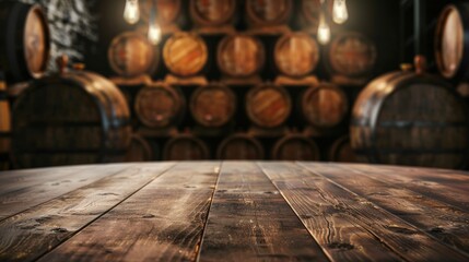 Empty wooden table top for product display, presentation stage. Wine cellar with barrels in the background.
