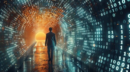 A businessman walking in a tunnel made of binary data. Generative AI.