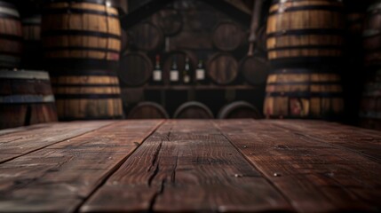 Empty wooden table top for product display, presentation stage. Wine cellar with barrels in the background.