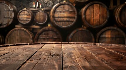 Empty wooden table top for product display, presentation stage. Wine cellar with barrels in the background.