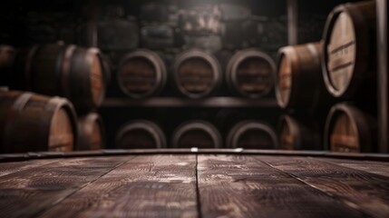 Empty wooden table top for product display, presentation stage. Wine cellar with barrels in the background.