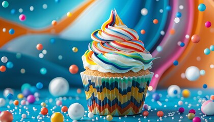 A cupcake with an energetic design, symbolizing the phrase Lets go with dynamic colors and patterns,