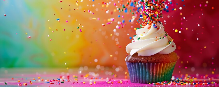 A cupcake with a rainbow sprinkles explosion on top, creating a vibrant and colorful effect,
