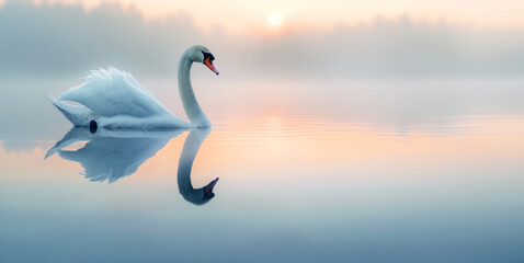 Obraz premium Beautiful white swan swimming floating on the water at sunrise of the day, graceful gliding serenely across a tranquil lake at dawn, its reflection mirrored in the still waters below