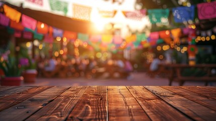 Empty wooden table top for product display, presentation stage. Mexican "Cinco de Mayo" party background with bokeh lights and paper decorations.