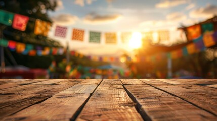 Empty wooden table top for product display, presentation stage. Mexican "Cinco de Mayo" party background with bokeh lights and paper decorations.