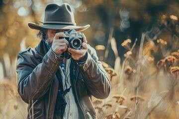 A cowboy in an old leather jacket and hat takes pictures with his vintage camera, creating beautiful photos of nature, retro style, blurred background, photo taken