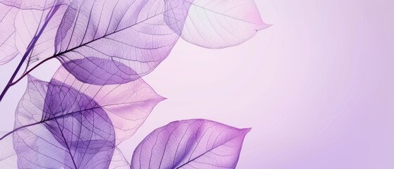 Colorful transparent leaves in pastel style on a purple background with copy space. Leaf texture, leaf background with veins and cells.	