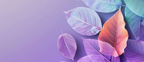Colorful transparent leaves in pastel style on a purple background with copy space. Leaf texture, leaf background with veins and cells.	