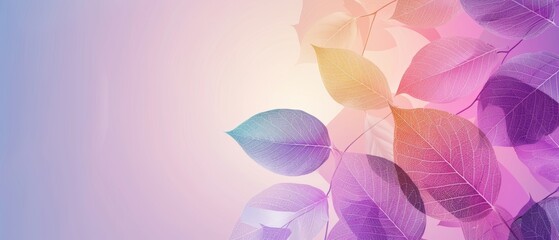 Colorful transparent leaves in pastel style on a purple background with copy space. Leaf texture, leaf background with veins and cells.	