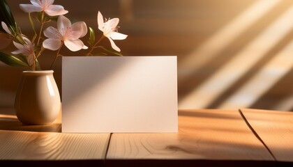 blank paper card on neutral beige wooden desk background with floral sun light shadows postcard template mockup with copy space