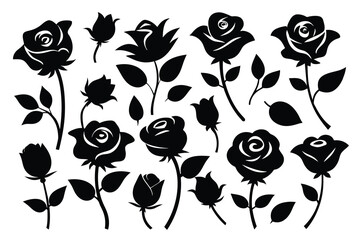 Set of Set of decorative rose with leaves. Flower Vector illustration Silhouette Design