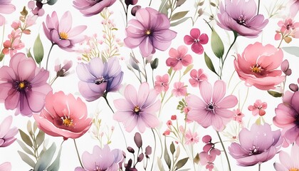 floral watercolor seamless pattern with abstract wildflowers delicate illustration pink color...