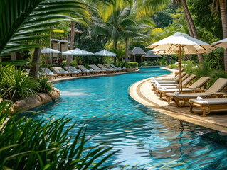 Upscale resort boasts a tropical pool with lush flora, comfy sunbeds, and umbrellas - an ideal oasis for ultimate relaxation.
