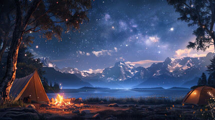 A rustic campsite under the stars, with a bonfire and tents, where everyone is focused on nature