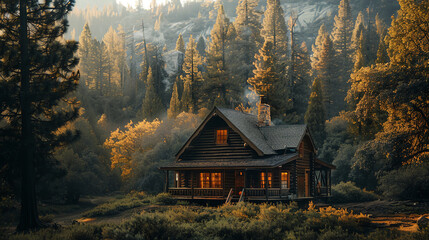 A serene cabin in the woods, with no digital devices, surrounded by trees and a clear sky