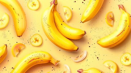 fruit yellow background with whole bananas and banana slices