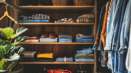 A stylish wardrobe organized with clothes made of organic cotton, bamboo, and recycled materials