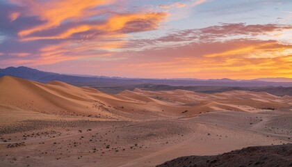 Fototapeta na wymiar desert landscape vast desert landscape with dunes and a colorful sunset casting warm tones across the scene