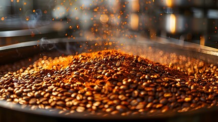 Coffee Beans Being Roasted, Rich, Dark Brown, With A Hint Of Smoke Through The Air